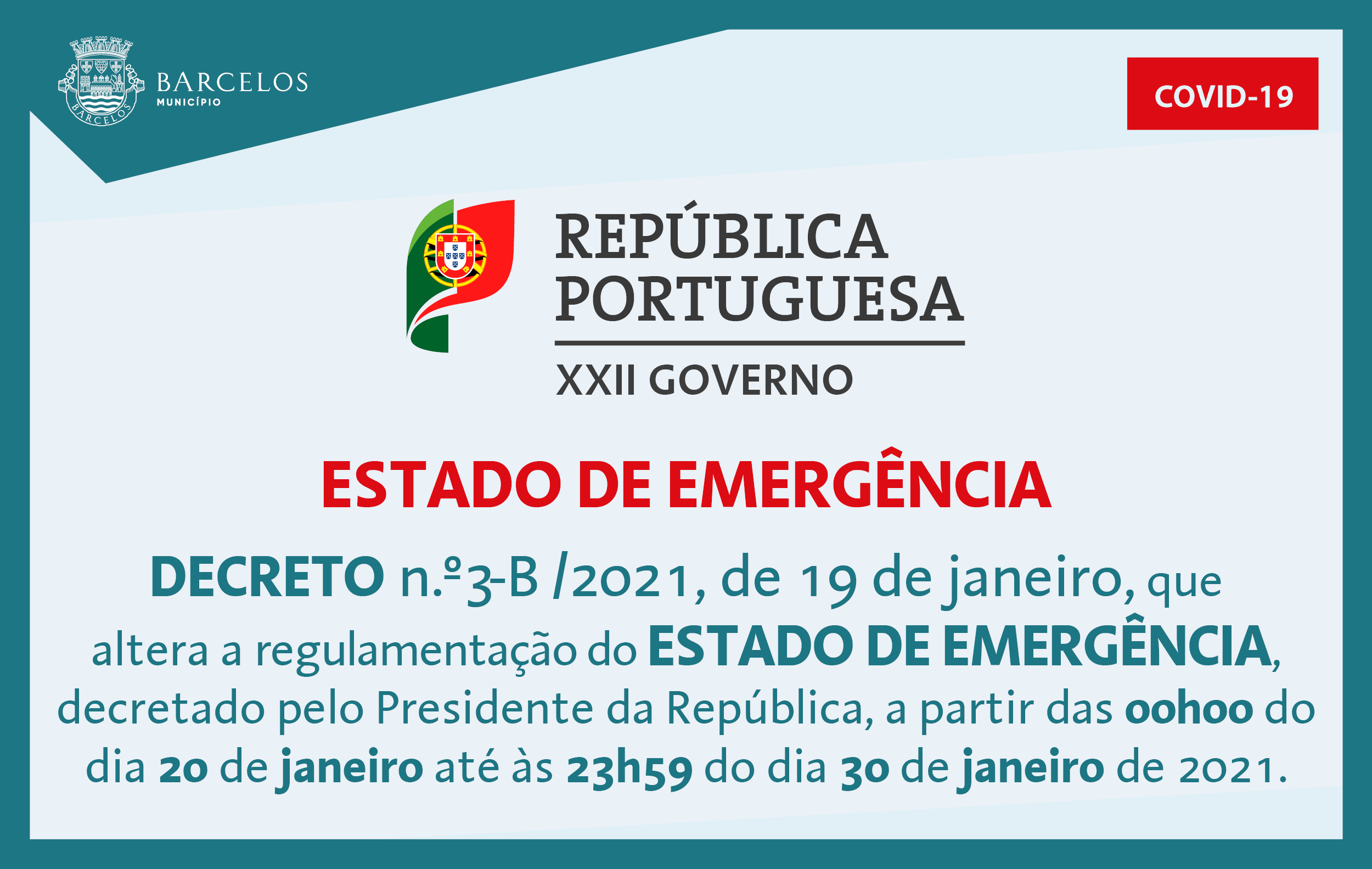 Decreto n.º3-B/2021, de 19 de janeiro, que altera a regulamentação do Estado de Emergência